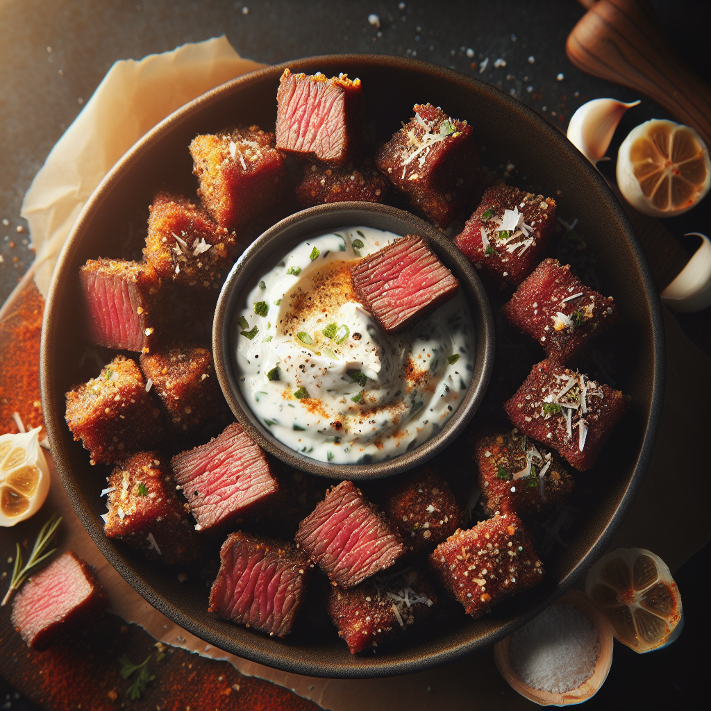 Air-Fryer Garlic-Parmesan Beef Bites with Herb Yogurt Dip