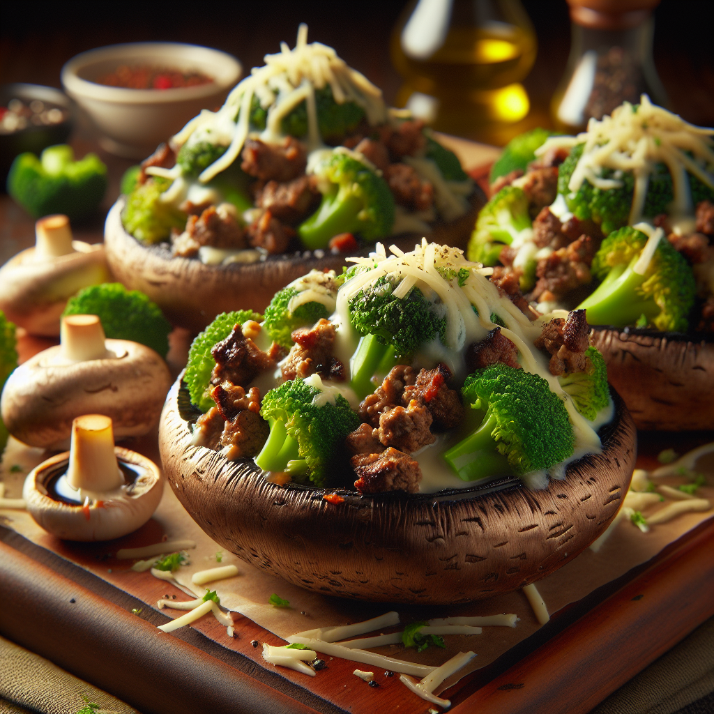 Baked Vegetarian 'Beef' & Broccoli Stuffed Portobello Mushrooms