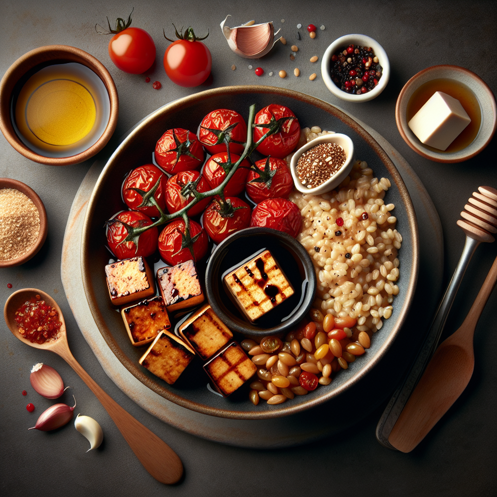 Balsamic-Glazed Tofu with Roasted Cherry Tomatoes and Farro