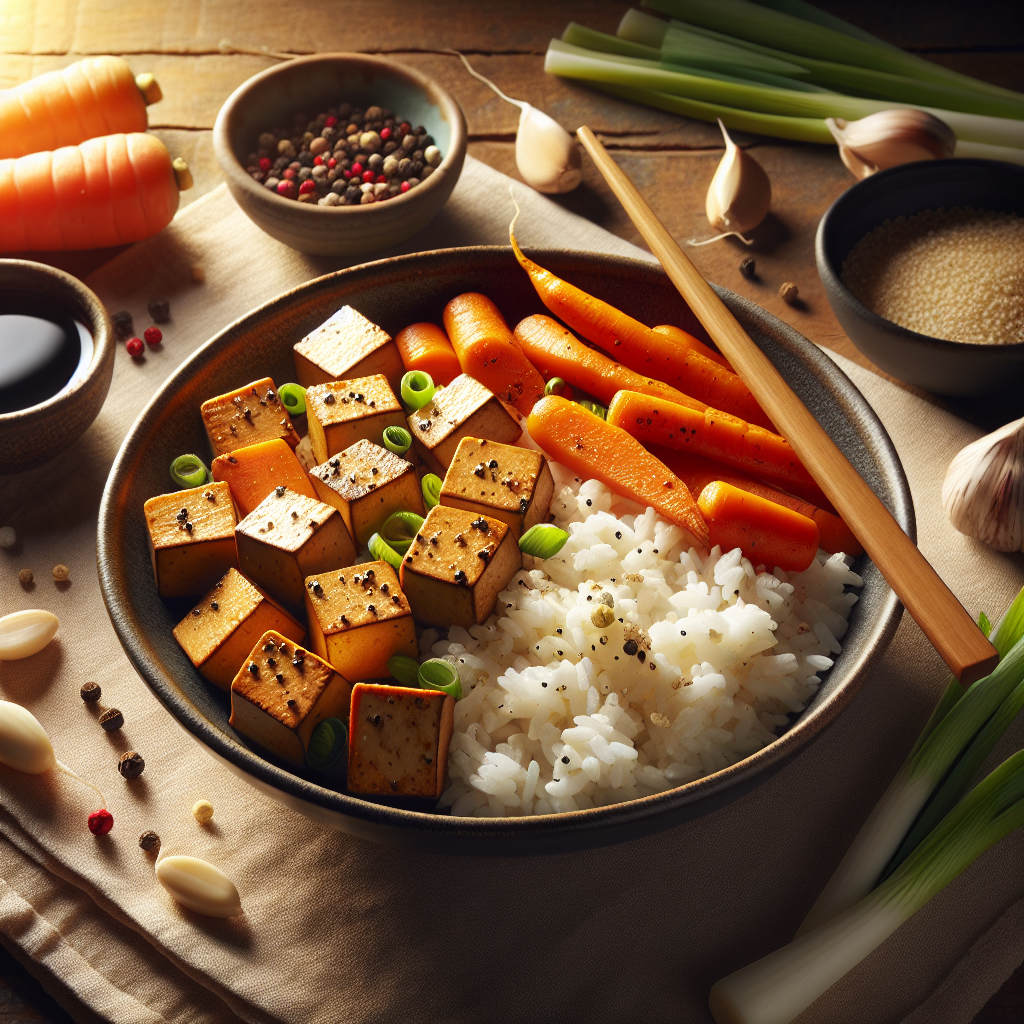 Black Pepper Tofu with Roasted Baby Carrots and Scallion Rice