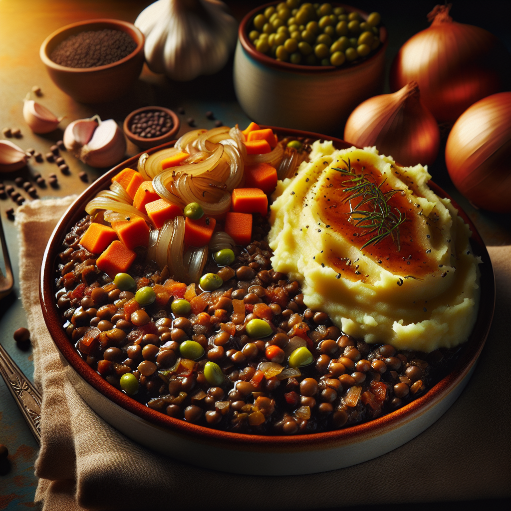 Caramelized Onion & Lentil Shepherd’s Pie with Garlic Mashed Potatoes