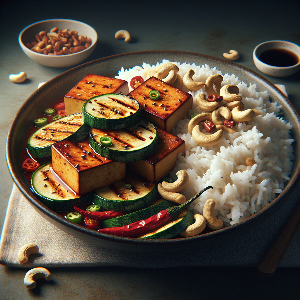 Chili-Garlic Tofu with Roasted Zucchini and Toasted Cashew Rice