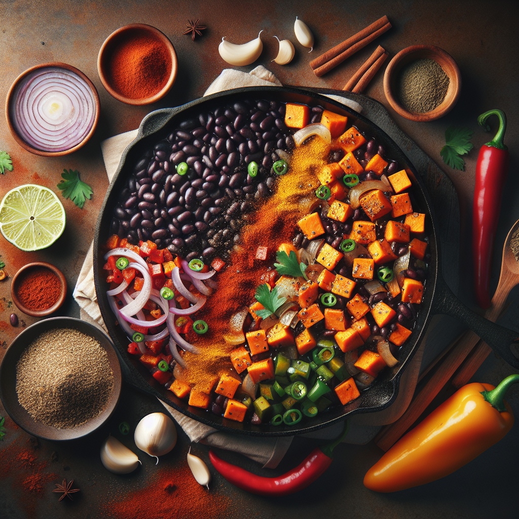Chili-Spiced Black Bean & Roasted Sweet Potato Enchilada Skillet