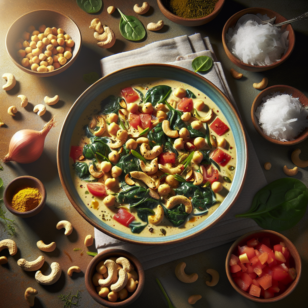 Coconut Curried Chickpea & Spinach Stew with Toasted Cashews