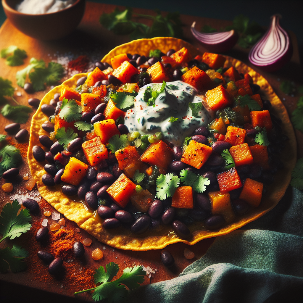 Crispy Black Bean & Roasted Sweet Potato Tostadas with Cilantro Crema