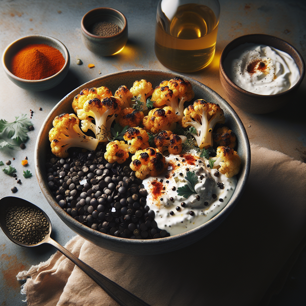 Crispy Black Lentil & Roasted Cauliflower Bowl with Herb Yogurt Sauce