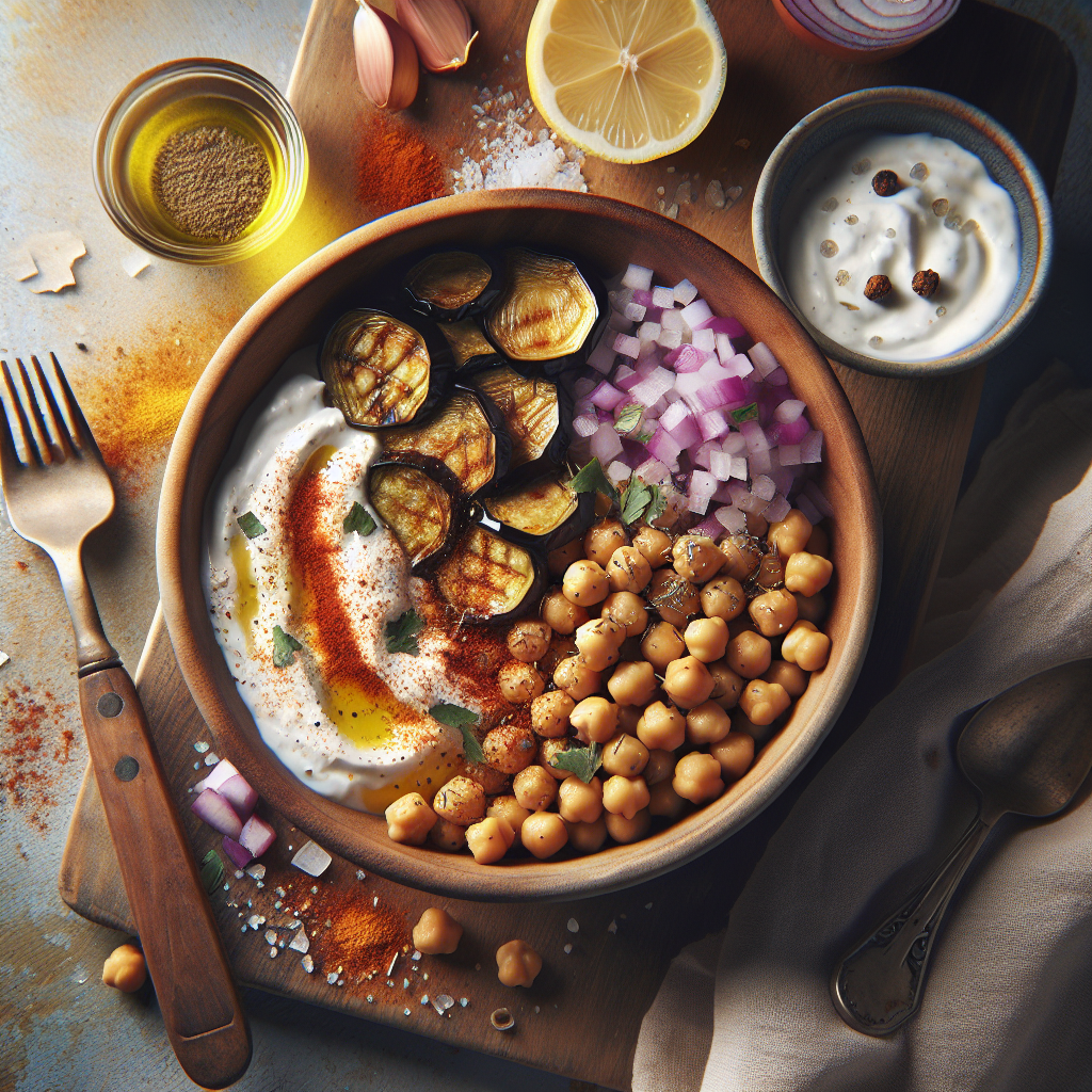 Crispy Chickpea & Roasted Eggplant Bowl with Lemon-Herb Yogurt Sauce
