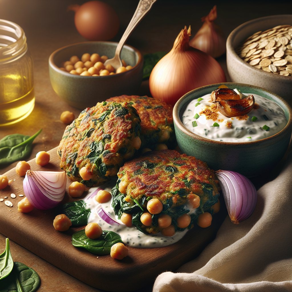 Crispy Chickpea & Spinach Patties with Roasted Garlic Yogurt Sauce