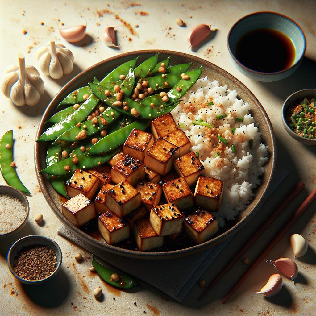 Crispy Five-Spice Tofu with Stir-Fried Snow Peas and Jasmine Rice