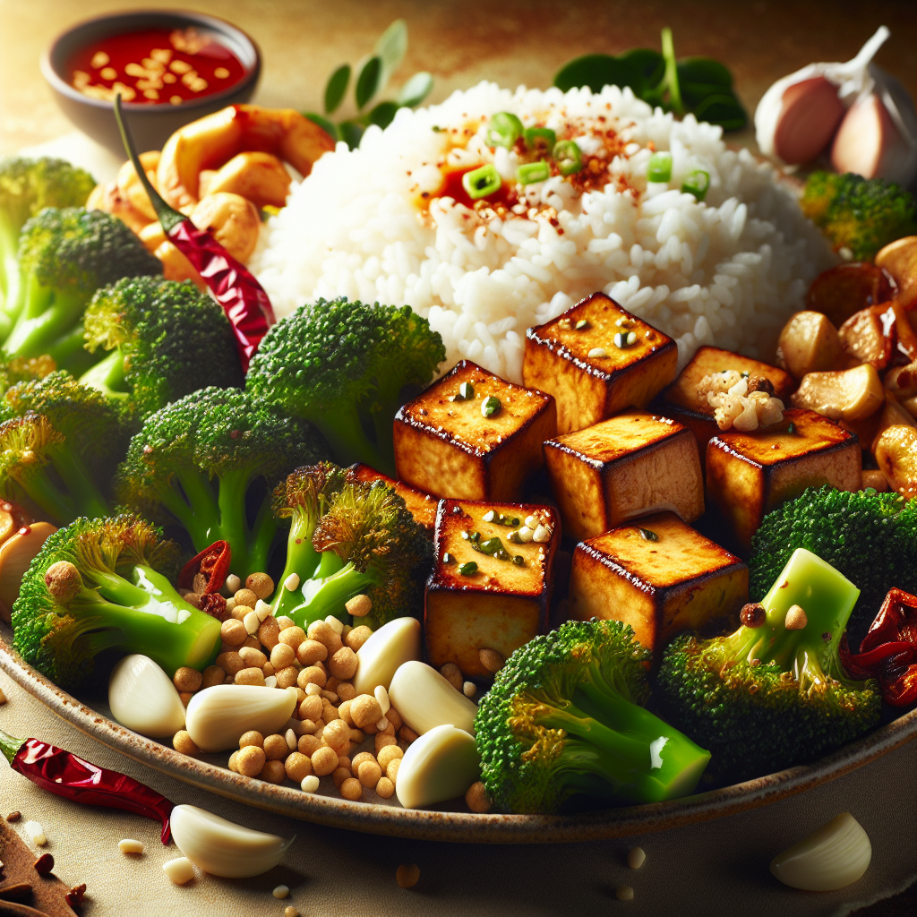 Crispy Garlic-Chili Tofu with Roasted Broccoli and Jasmine Rice