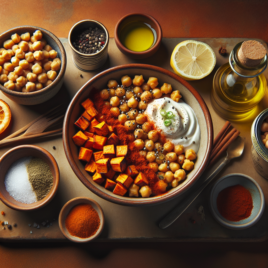 Crispy Harissa Chickpea & Roasted Sweet Potato Bowls with Lemon Yogurt