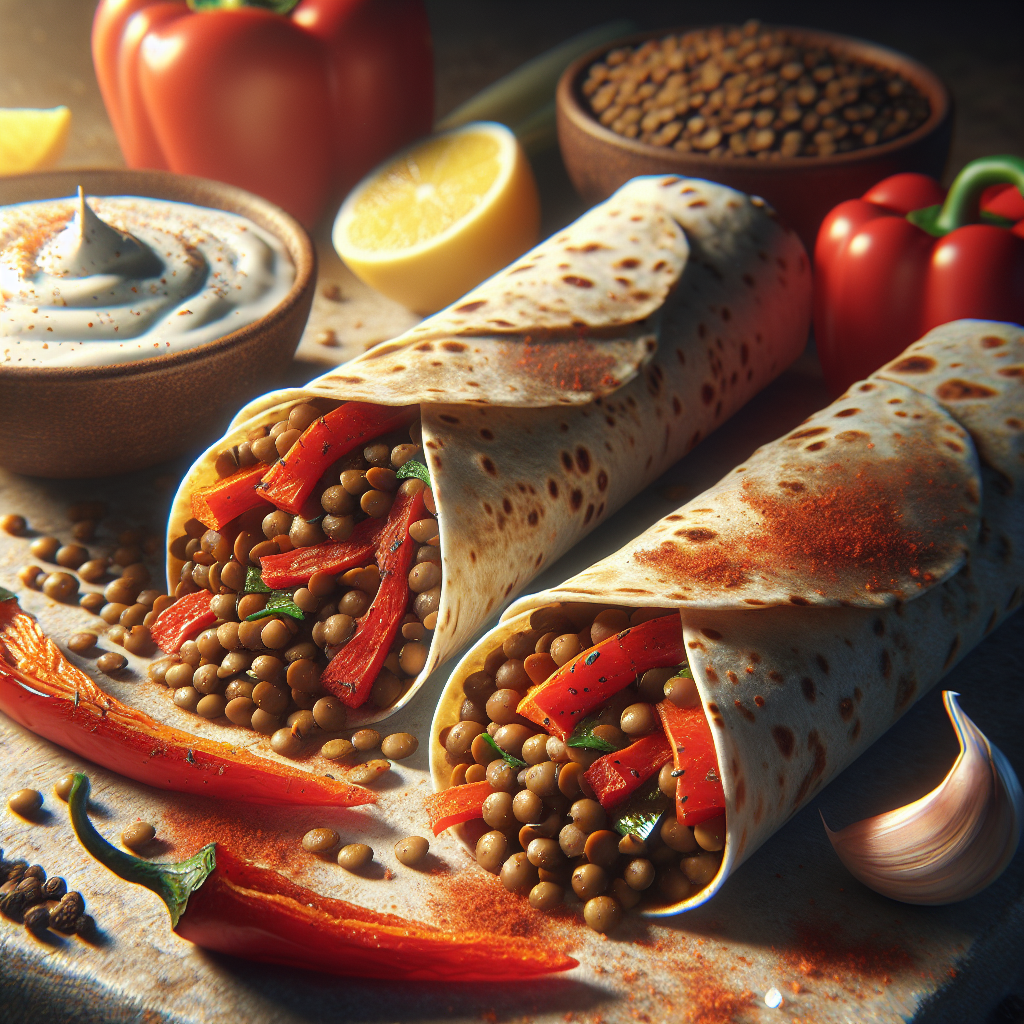 Crispy Lentil & Roasted Pepper Wraps with Lemon-Garlic Yogurt Sauce