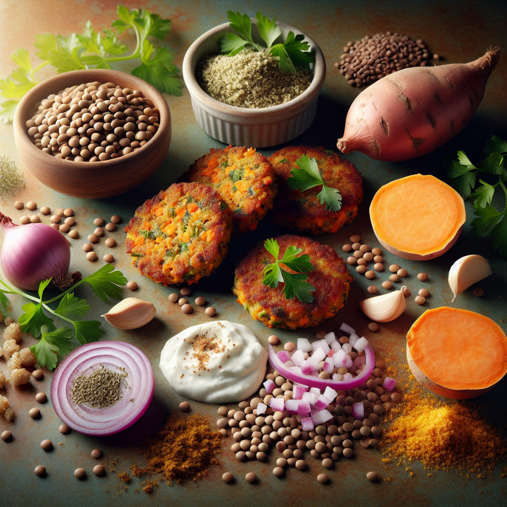 Crispy Lentil & Sweet Potato Cakes with Herbed Yogurt Dip