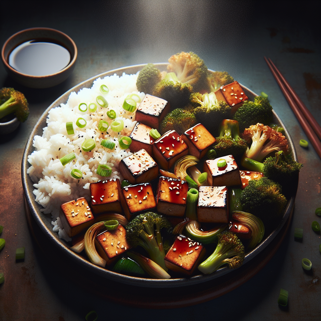 Crispy Teriyaki Tofu with Roasted Broccoli and Scallion Rice