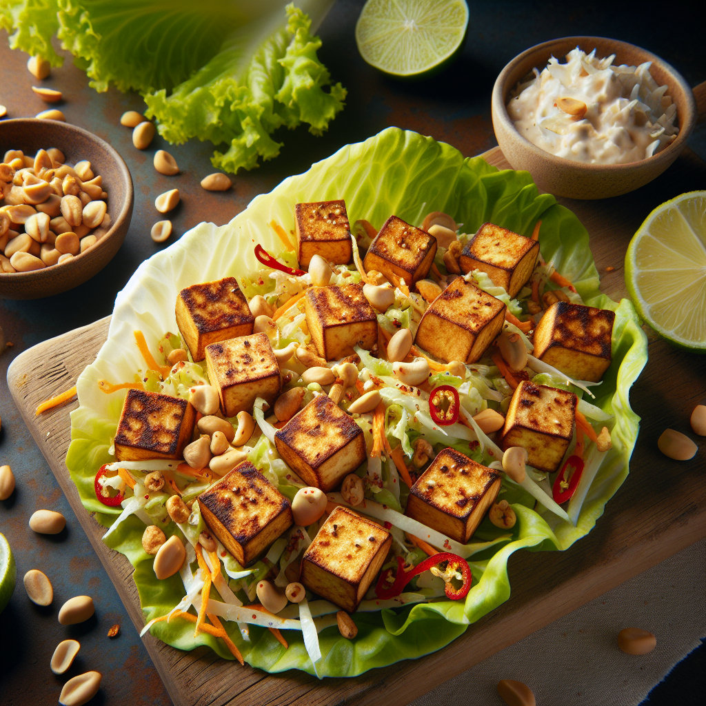 Crispy Tofu Lettuce Wraps with Chili-Lime Slaw and Toasted Peanuts
