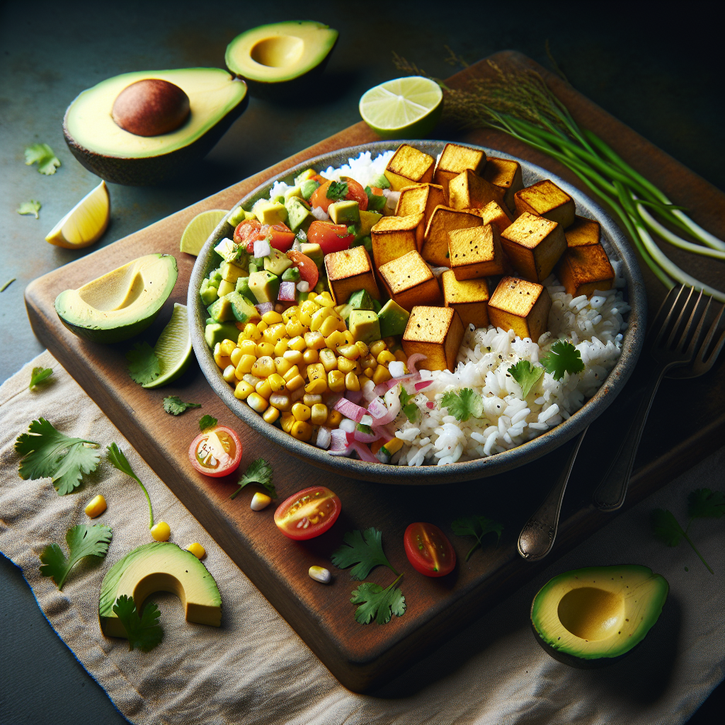 Crispy Tofu with Charred Corn, Avocado Salsa, and Cilantro Rice