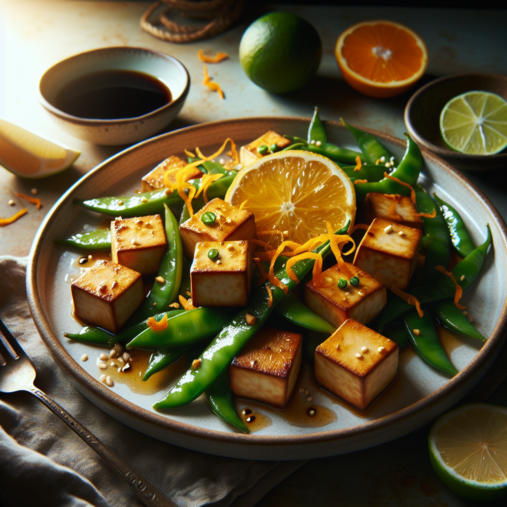 Crispy Tofu with Citrus-Soy Glaze and Gingered Snap Peas