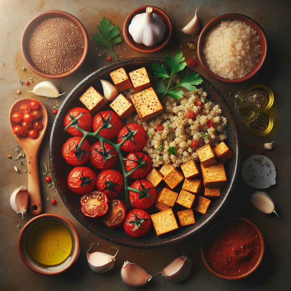 Crispy Tofu with Garlic-Herb Quinoa and Roasted Cherry Tomatoes