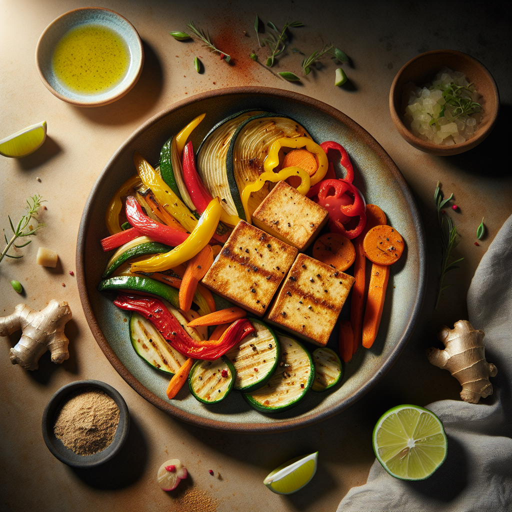 Crispy Tofu with Ginger-Lime Sauce and Roasted Rainbow Vegetables