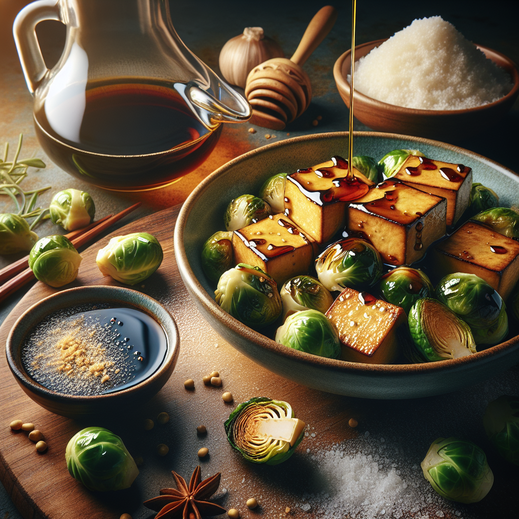 Crispy Tofu with Maple-Soy Glaze and Roasted Brussels Sprouts