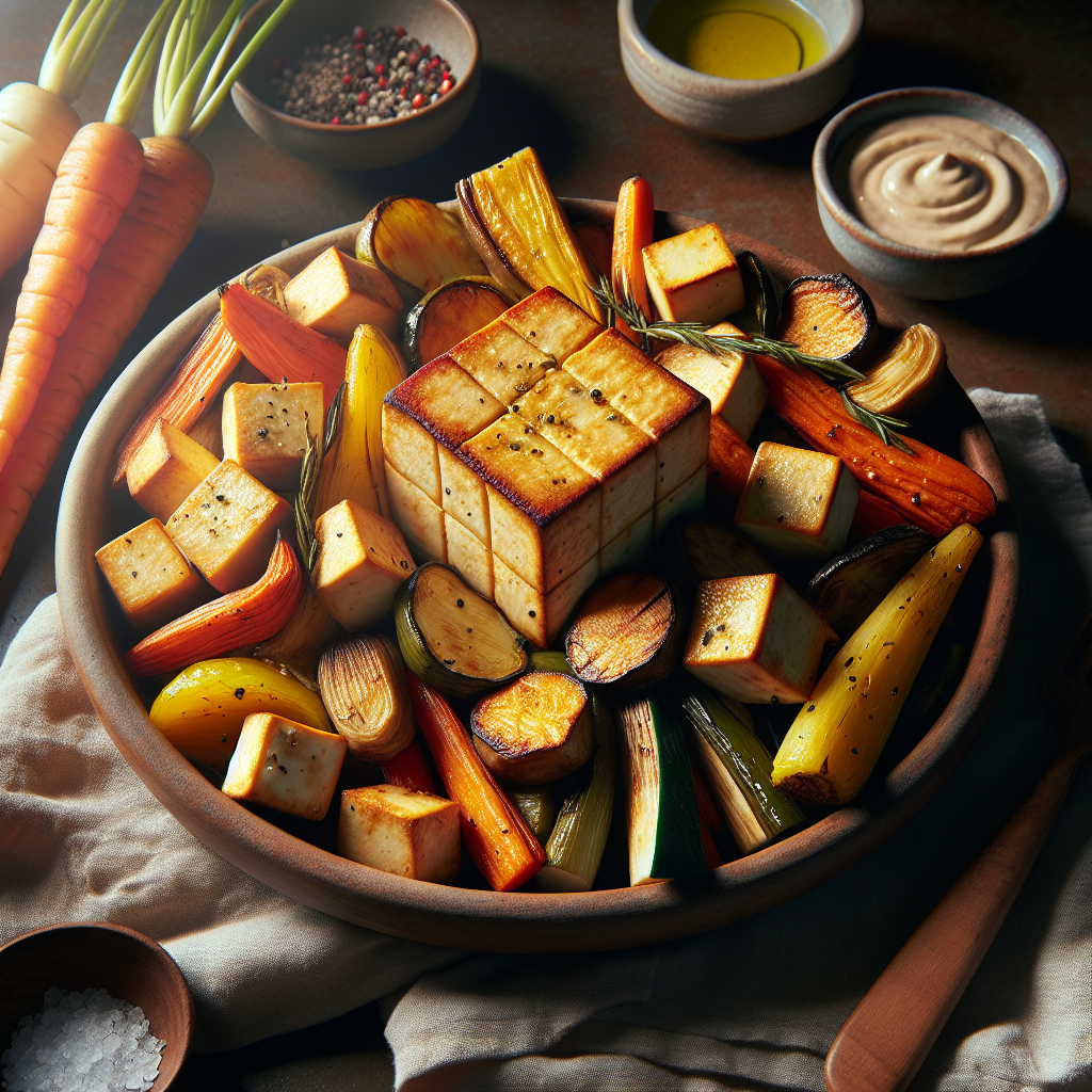 Crispy Tofu with Roasted Root Vegetables and Lemon-Garlic Tahini Sauce