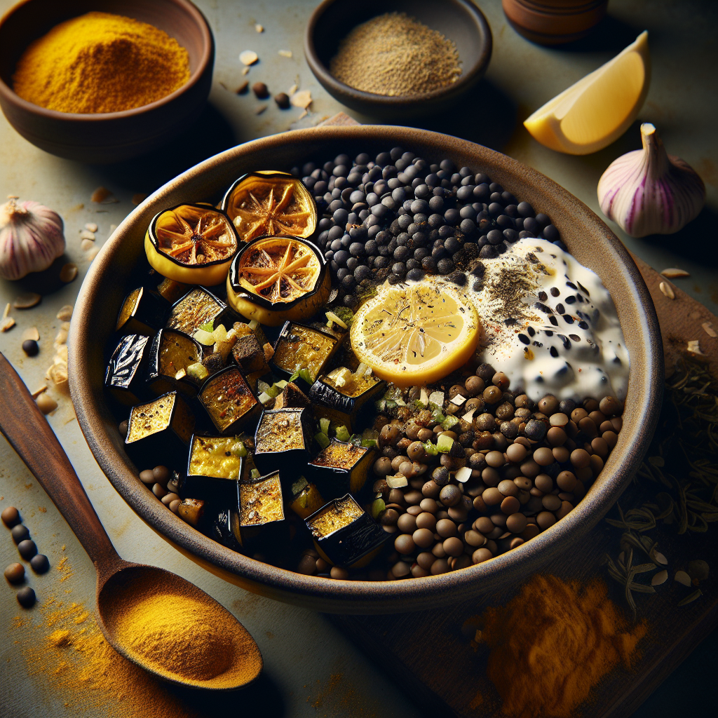 Curried Black Lentil & Roasted Eggplant Bowl with Lemon-Herb Yogurt