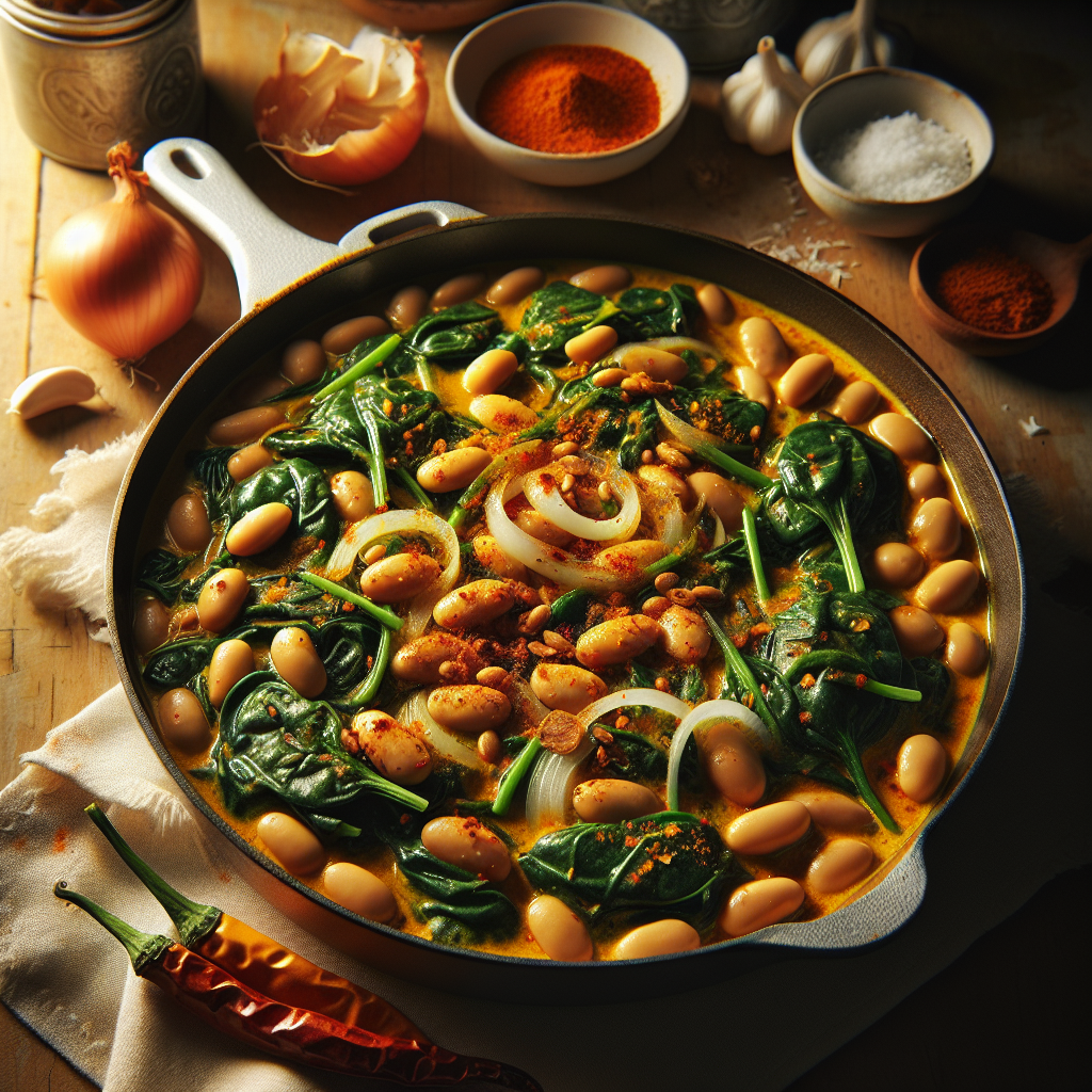 Curried Butter Bean & Spinach Skillet with Toasted Coconut and Chili Oil