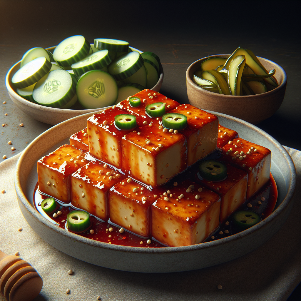 Gochujang Honey Glazed Tofu with Quick Pickled Cucumbers