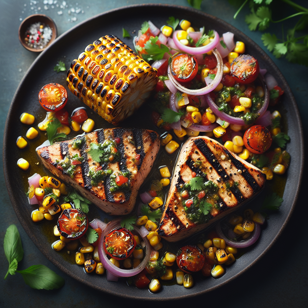 Grilled Chimichurri Swordfish Steaks with Charred Corn Salsa
