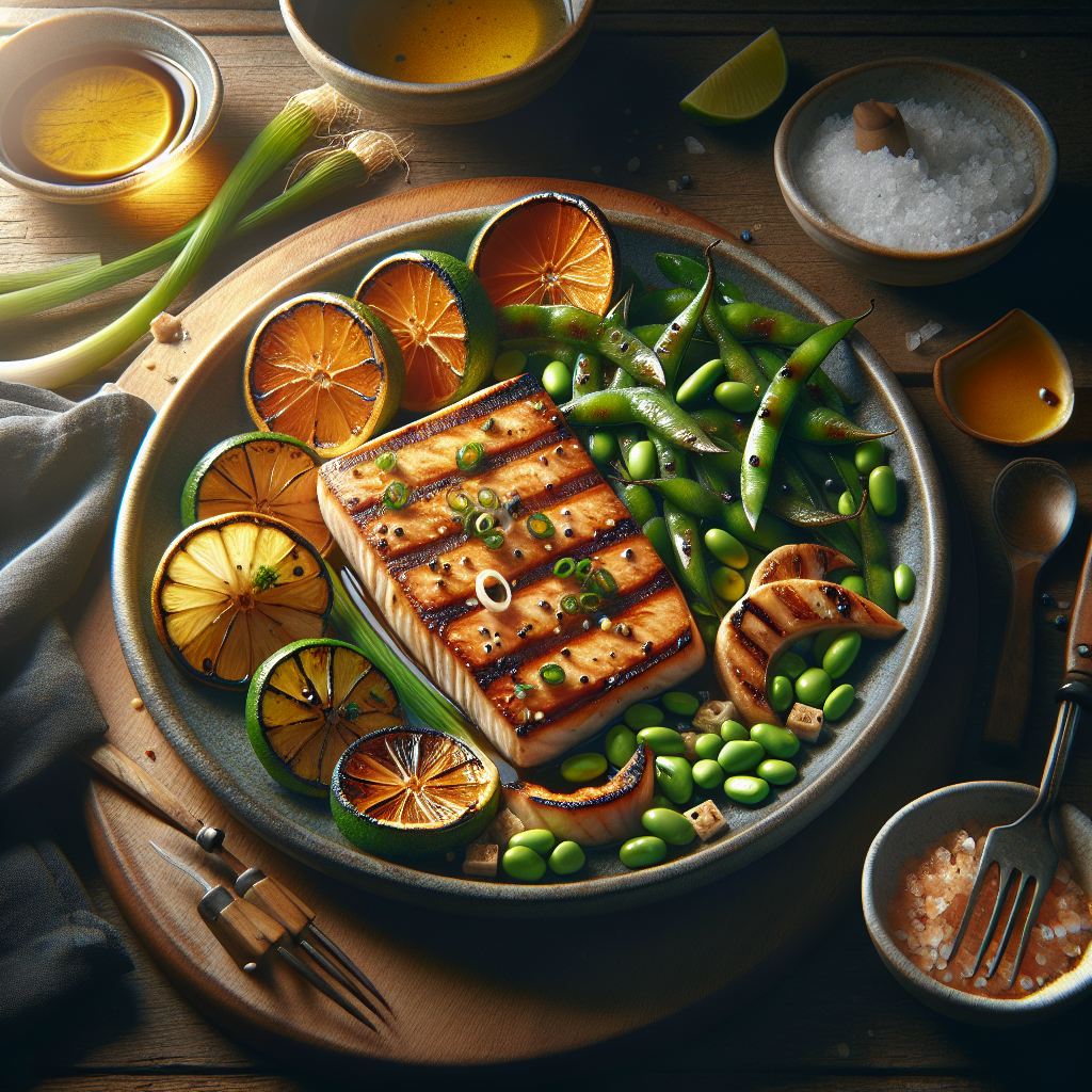 Grilled Citrus-Soy Swordfish with Charred Scallion & Edamame Salad