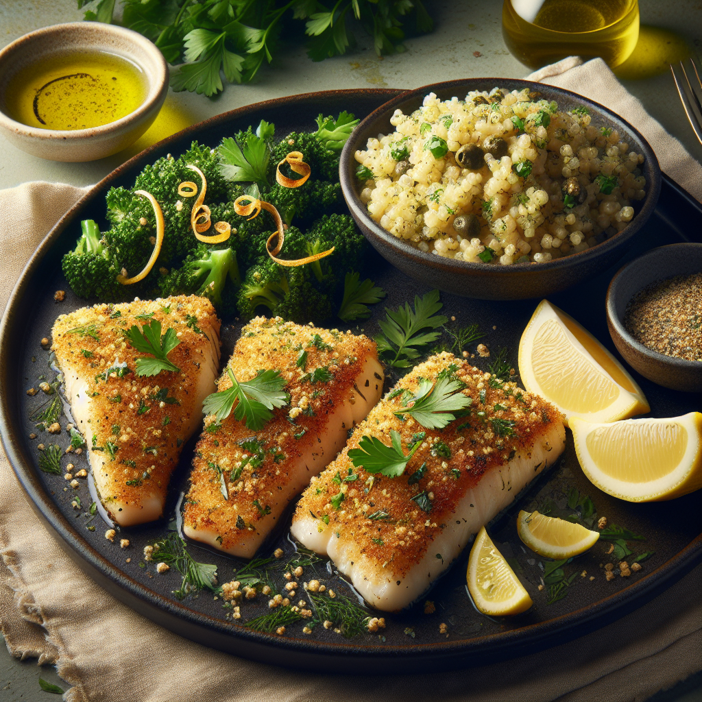 Grilled Herb-Crusted Vegan Fish Filets with Lemon-Caper Quinoa Pilaf (Air Fryer Recipe)