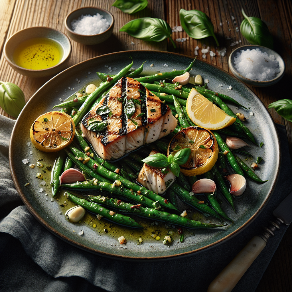Grilled Lemon-Basil Swordfish with Roasted Garlic Green Beans