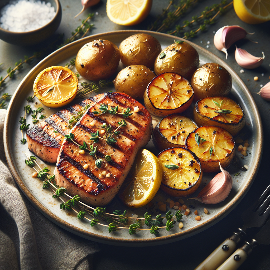 Grilled Lemon-Thyme Vegan Fillets with Roasted Garlic New Potatoes (Air Fryer Recipe)