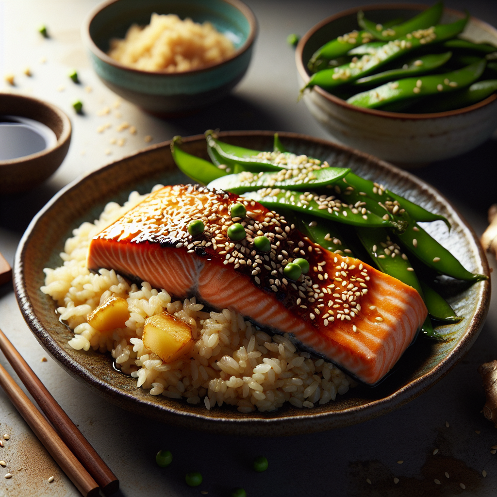 Grinned Miso-Glazed Salmon with Sesame Snap Peas & Ginger Rice