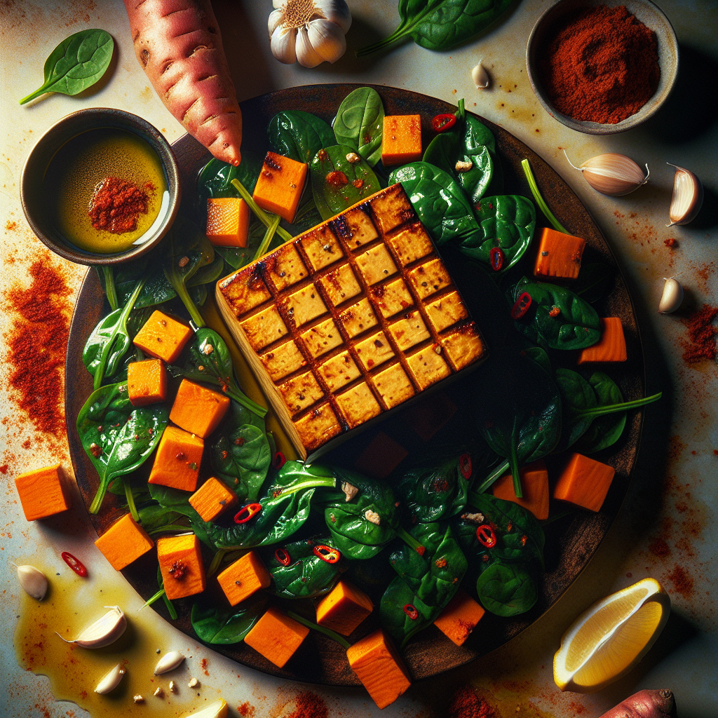 Harissa-Roasted Tofu with Sweet Potato and Wilted Spinach Salad
