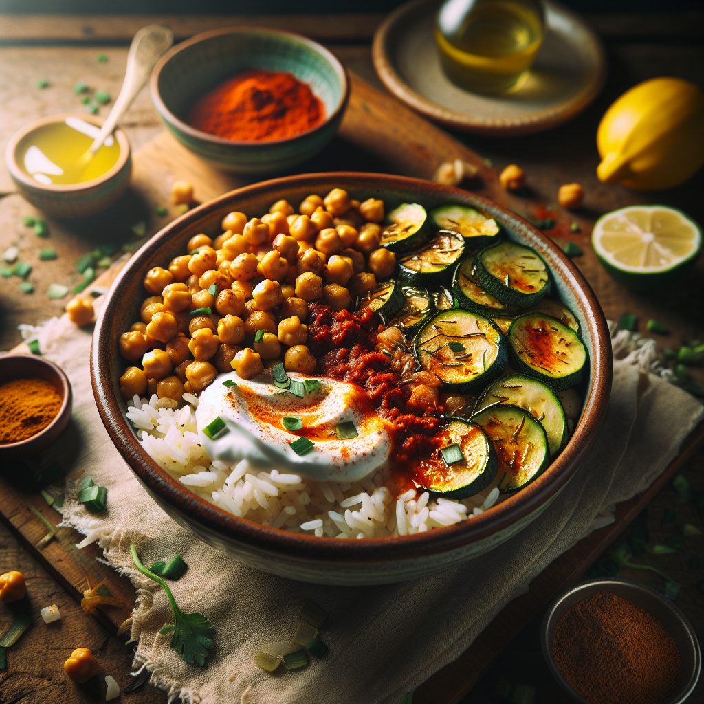 Harissa-Spiced Chickpea & Roasted Zucchini Rice Bowl with Lemon Yogurt