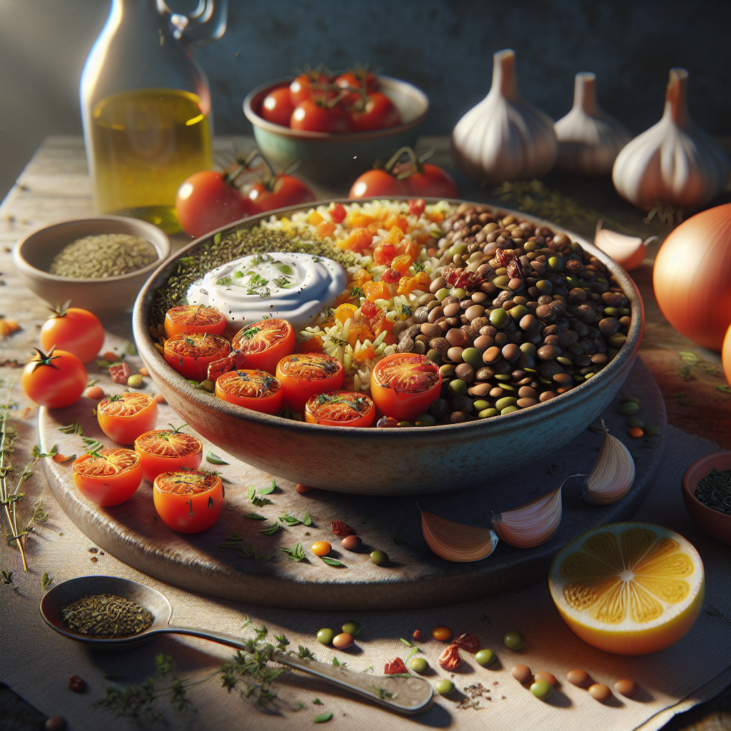 Herbed Lentil & Roasted Tomato Pilaf with Lemon-Garlic Yogurt Sauce