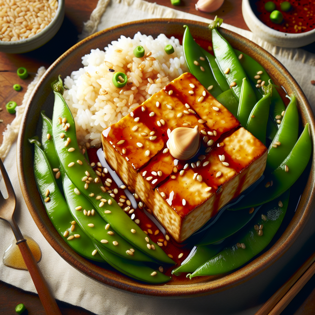 Honey-Sriracha Glazed Tofu with Sesame Snap Peas and Jasmine Rice