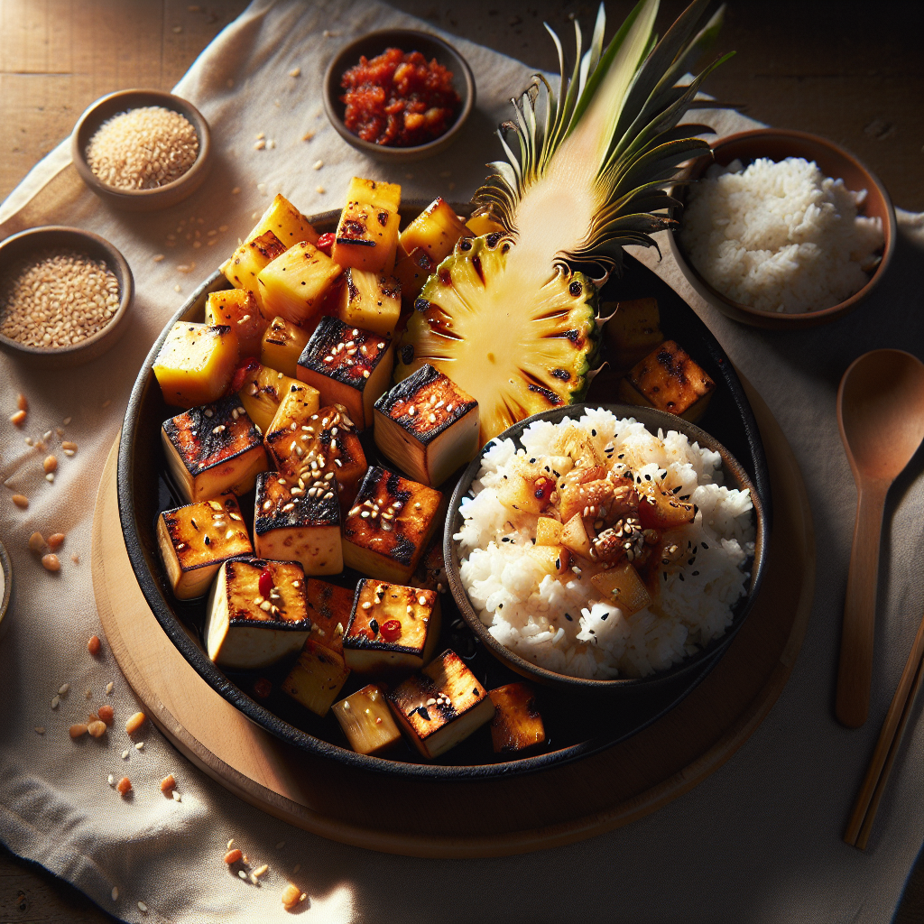 Korean BBQ Tofu with Charred Pineapple and Sesame Rice