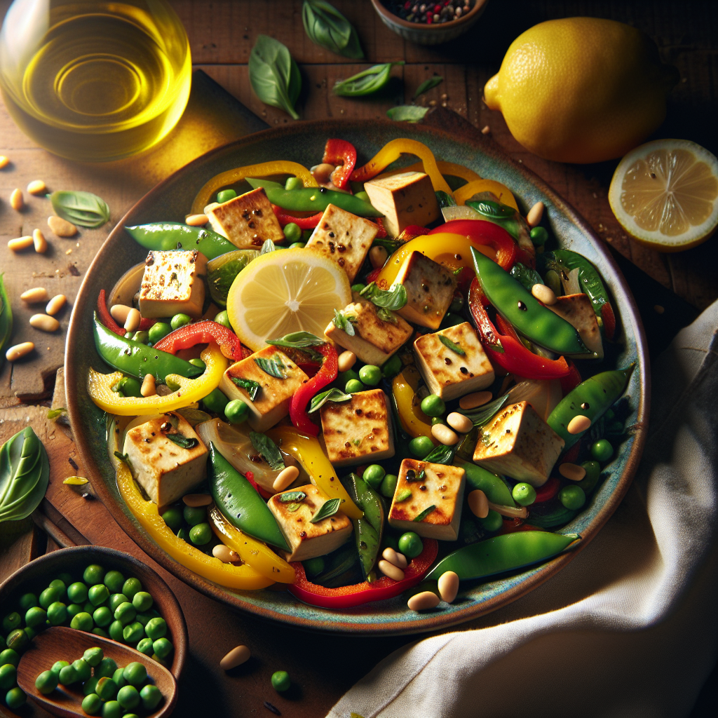 Lemon-Basil Tofu Stir-Fry with Snap Peas and Toasted Pine Nuts