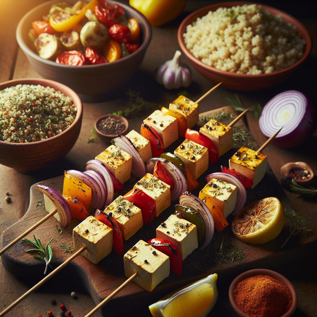 Lemon-Garlic Tofu Skewers with Herbed Quinoa and Roasted Vegetables