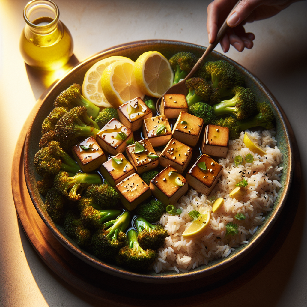 Lemon-Miso Glazed Tofu with Roasted Broccoli and Jasmine Rice