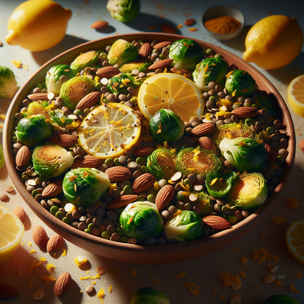 Lemony Lentil & Roasted Brussels Sprout Salad with Toasted Almonds