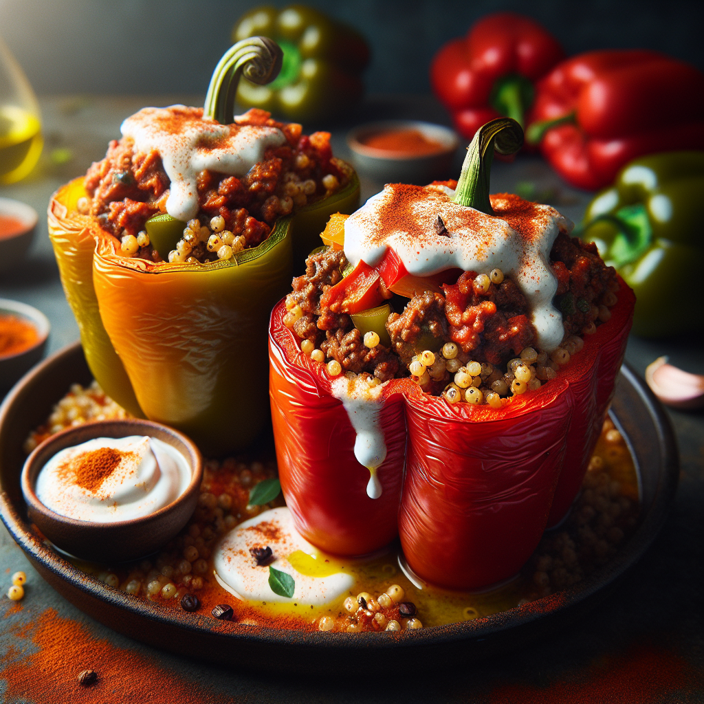 One-Pot Beef & Quinoa Stuffed Peppers with Smoked Paprika Yogurt Sauce