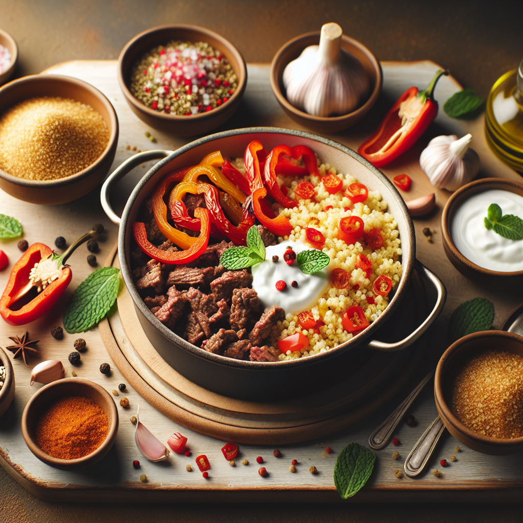 One-Pot Beef & Roasted Red Pepper Couscous with Fresh Mint Yogurt