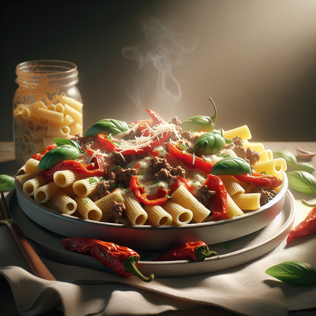 One-Pot Beef & Roasted Red Pepper Rigatoni with Basil Cream Sauce