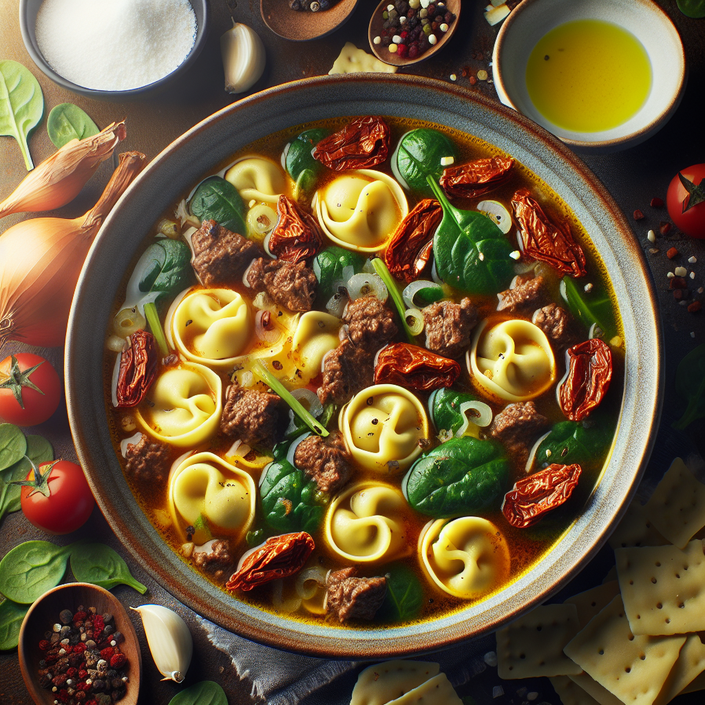 One-Pot Beef & Spinach Tortellini Soup with Sun-Dried Tomatoes