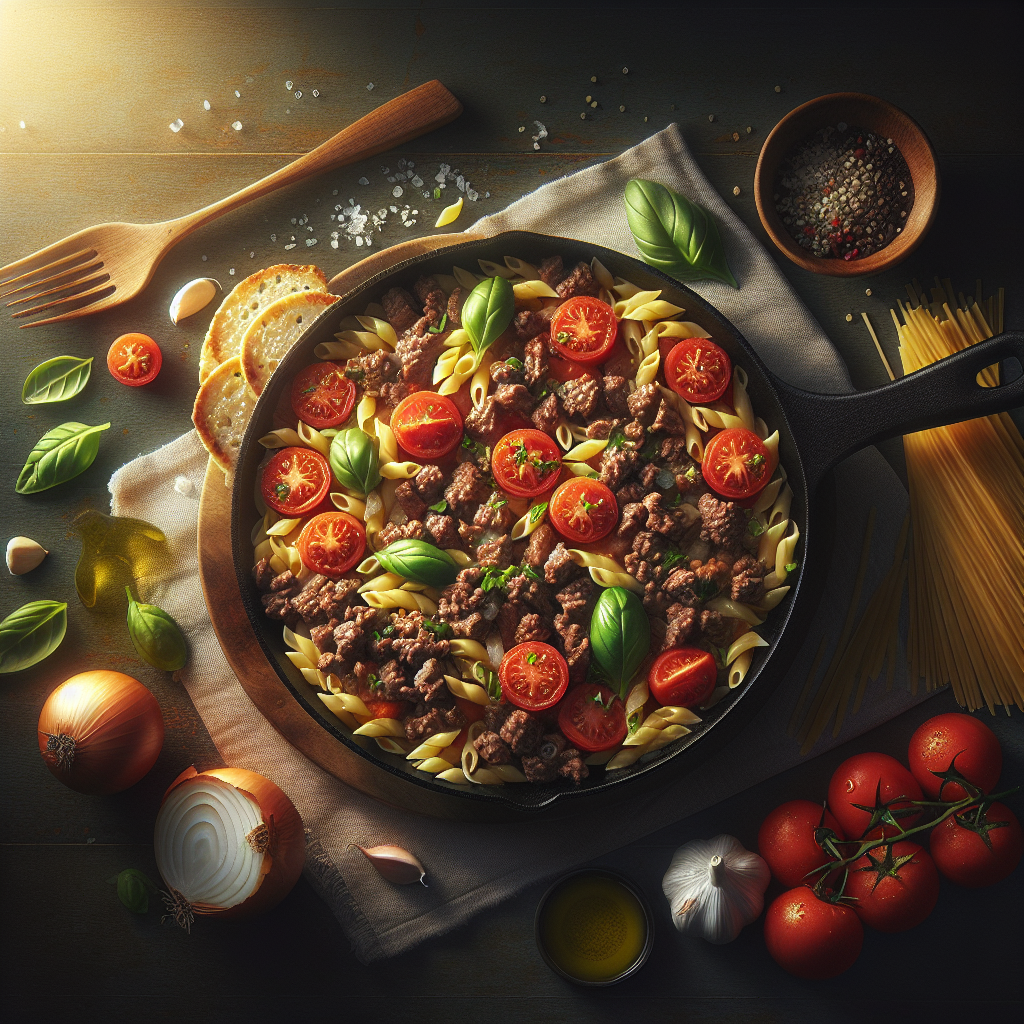 One-Pot Beef & Tomato Orzo Skillet with Fresh Basil (20-Minute Recipe)