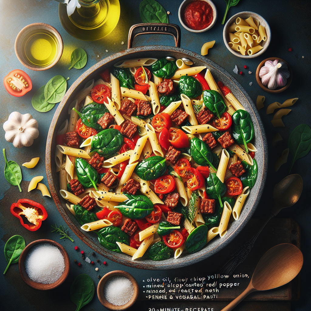 One-Pot Beefless & Roasted Red Pepper Pasta with Spinach (20-Minute Recipe)