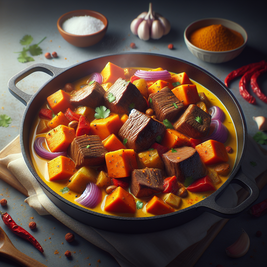 One-Pot Caribbean Curry Beef & Sweet Potato Skillet with Fresh Cilantro